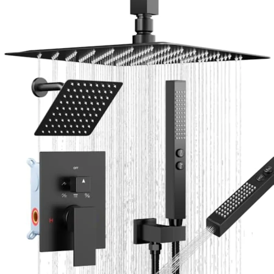 

Shower Systems Matte Black Shower Faucet Sets Five Function Diverter Dual Head Shower Set 12'' Ceiling Mount and 6 Wall Mount R