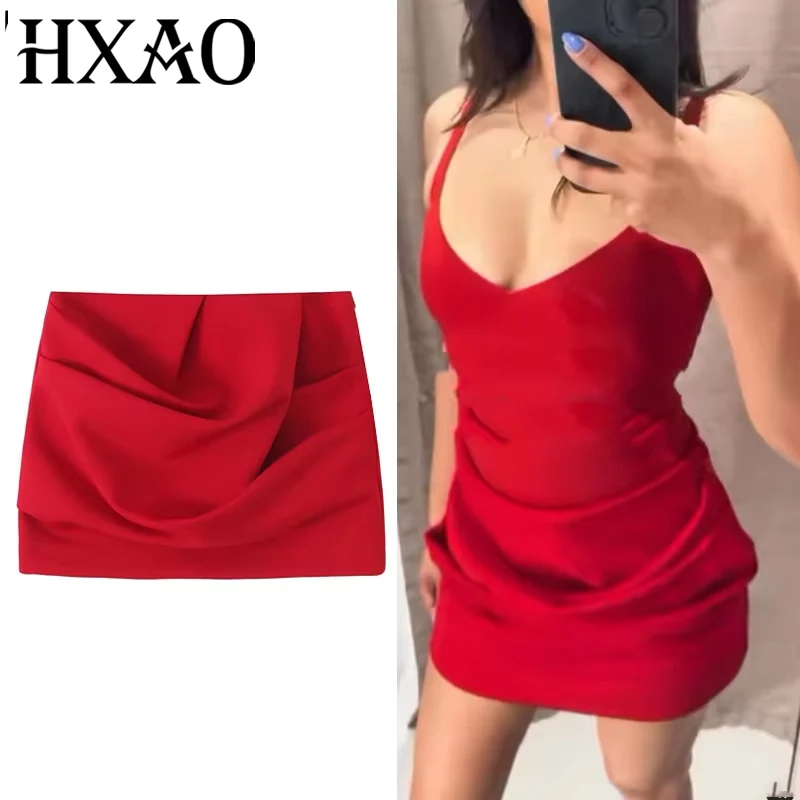 

HXAO Женские юбки 2025 Плиссированная красная мини-юбка Новые летние сексуальные короткие узкие юбки для женщин Юбка трапециевидной формы с высокой талией и оборками