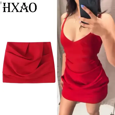 HXAO Woman 2025 Skirts Pleated Red Mini Skirt New Summer Sexual Short Tight Skirts For Women High Waist Ruffled A-Line Skirt