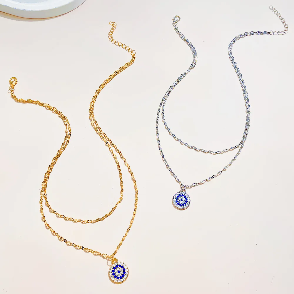 Personality Fashion Gold Color Evil Eye Double-deck Pendant Necklace for Women Retro Blue Crystal Collar Chain Jewelry Accessory