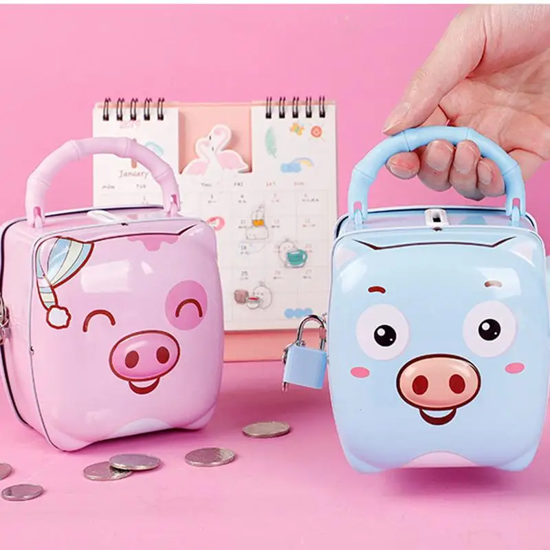 Cute Money Saving Box Cartoon Animal Safe Bank Small Cash Box Desk Ornaments Portable Metal Containe Nursery Decor With Handle