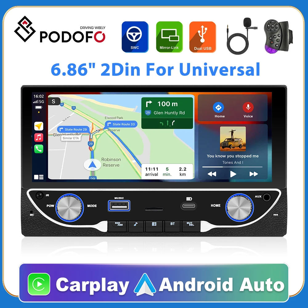 

Podofo 2DIN Carplay/auto Car mp5 Player 6.86" Touch Screen Monitor Universal with BT FM Radio Support TF/USB Rear View Camera