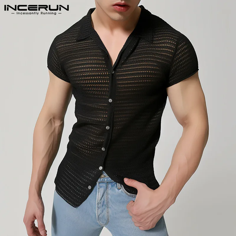 INCERUN Men Shirts 2024 Lapel Short Sleeve Mesh Transparent Hollow Out Men Clothing Streetwear Solid Color Fashion Camisas S-5XL