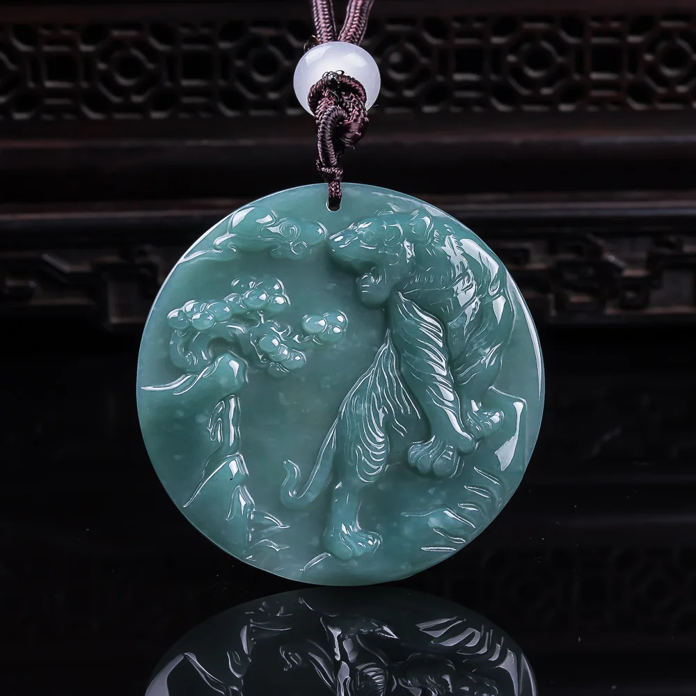 

Новый настоящий натуральный Мьянма изумрудно-синий водный тигр ледяной кулон ожерелье резные ювелирные изделия модный амулет подарки сертификат для мужчин