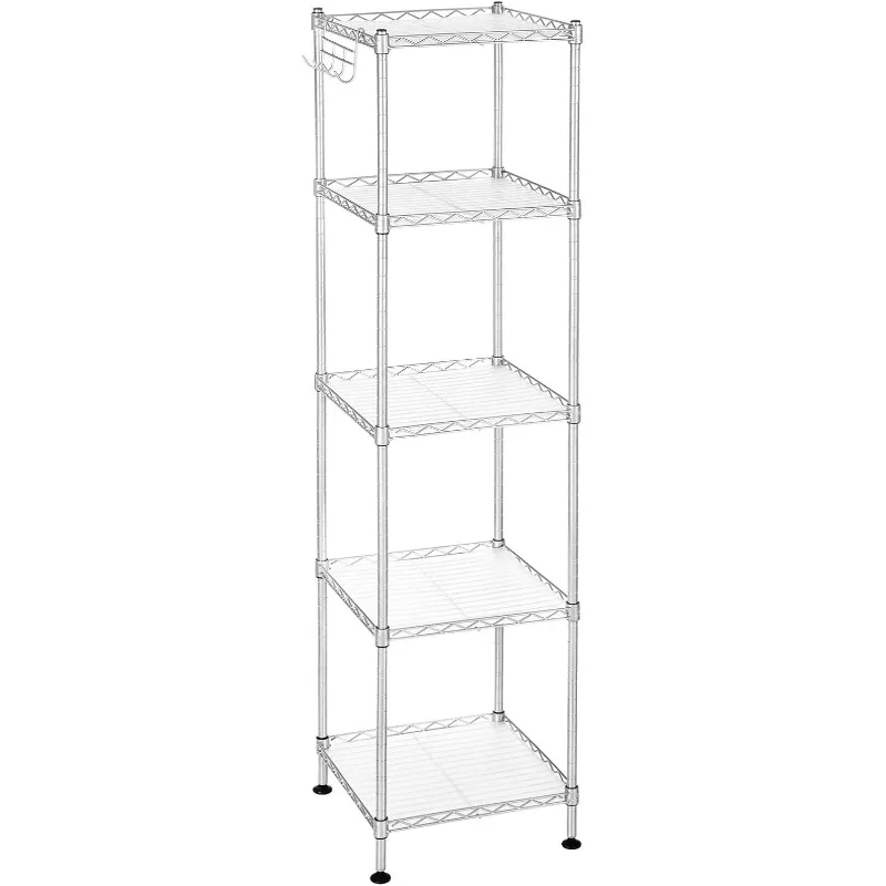 

5-Tier Bathroom Shelf, Storage Rack for Small Space, with 5 PP Shelf Liners, Removable Hook, Extendable Design, Silver