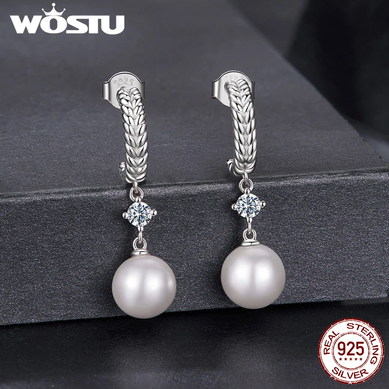 WOSTU 0.2CT مويسانيتي واللؤلؤ إسقاط أقراط للنساء ، مضفر استرخى أقراط الزفاف حفلة خطوبة مجوهرات هدية