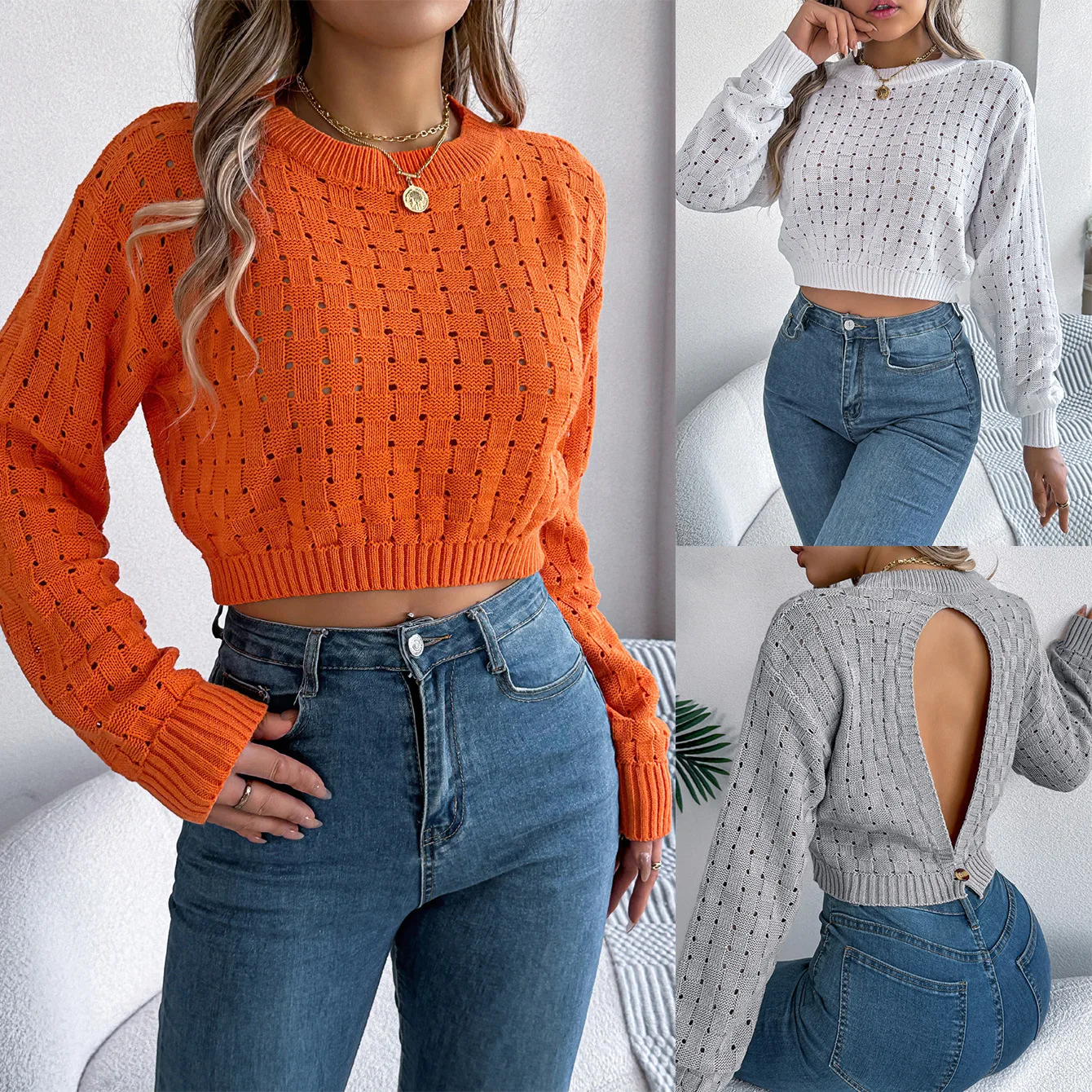 Women Autumn Winter Knitted Crop Tops Round Neck Long Sleeve Solid Sexy Streetwear Backless Hollow Out Pullover Sweaters Jumpers