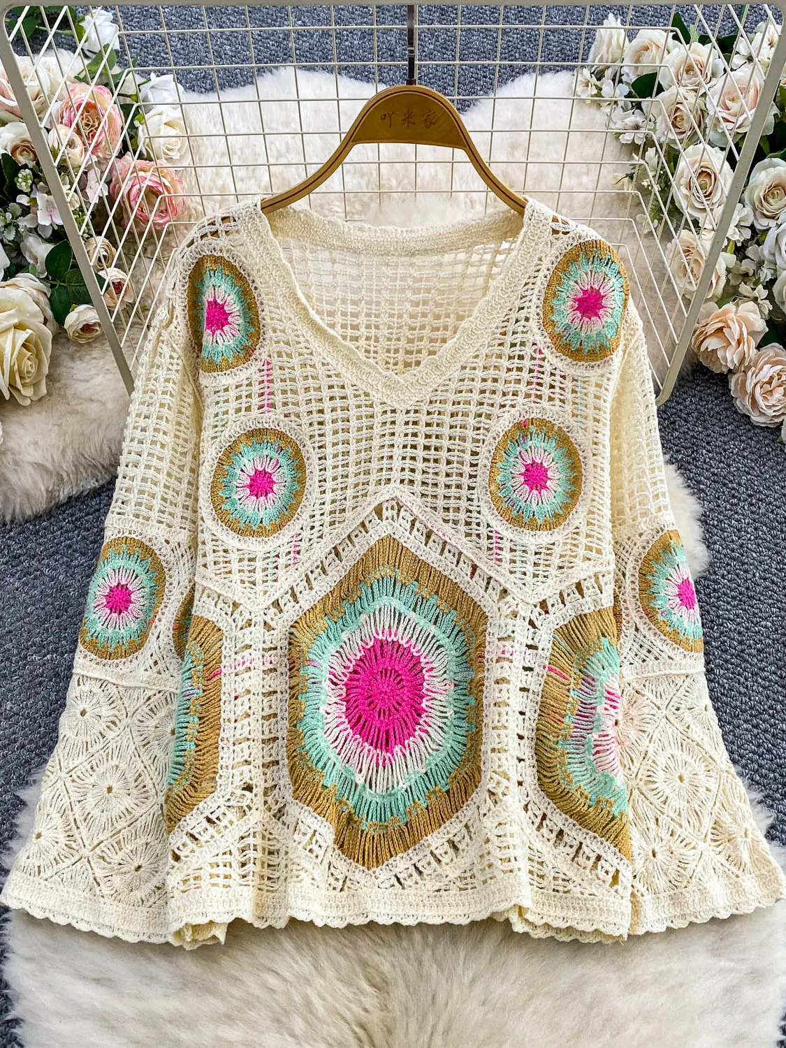 SuperAen Beach Style Hollow-out O-Collo Manica svasata Protezione solare Top lavorato a maglia Allentato 2025 Estate Nuove copricostumi casual