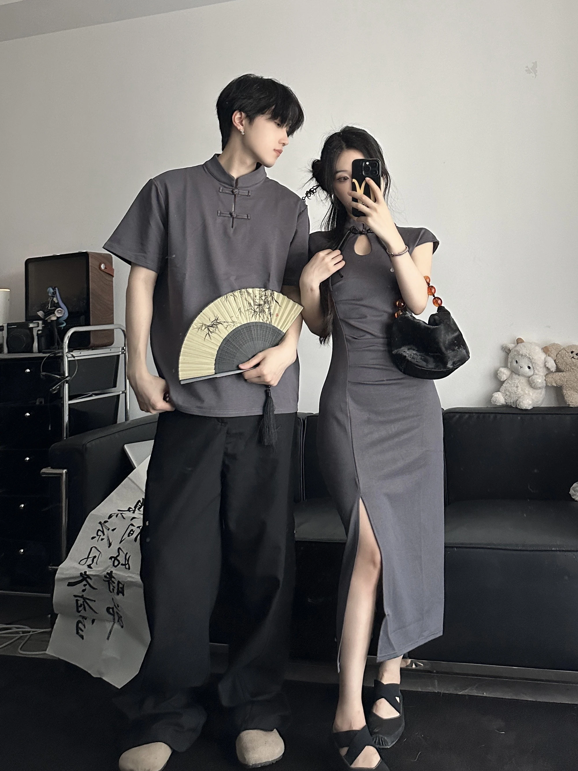 New Chinese Style Couple Matching Summer Clothes Short Sleeve T-Shirt  Long Dress Slit One Skirt One Dress