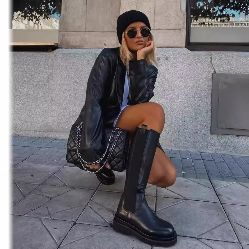 2024 Autunno E Inverno Strada Nero Abbigliamento da donna Tinta unita Colletto finto Tasca Moda Casual Giacca in pelle da donna