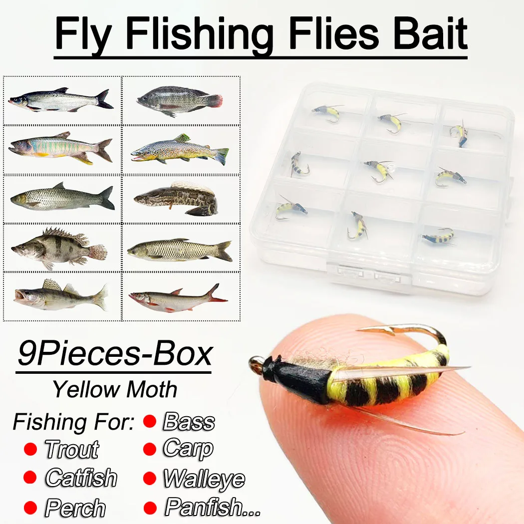9 Stück-mit Fliegenbox Fliegenfischen Fliegen Gelbe Motte Trockenfliegen Nymphenköder Angeln für Lachs/Forelle Fliegenfischen Köder Angelgerät
