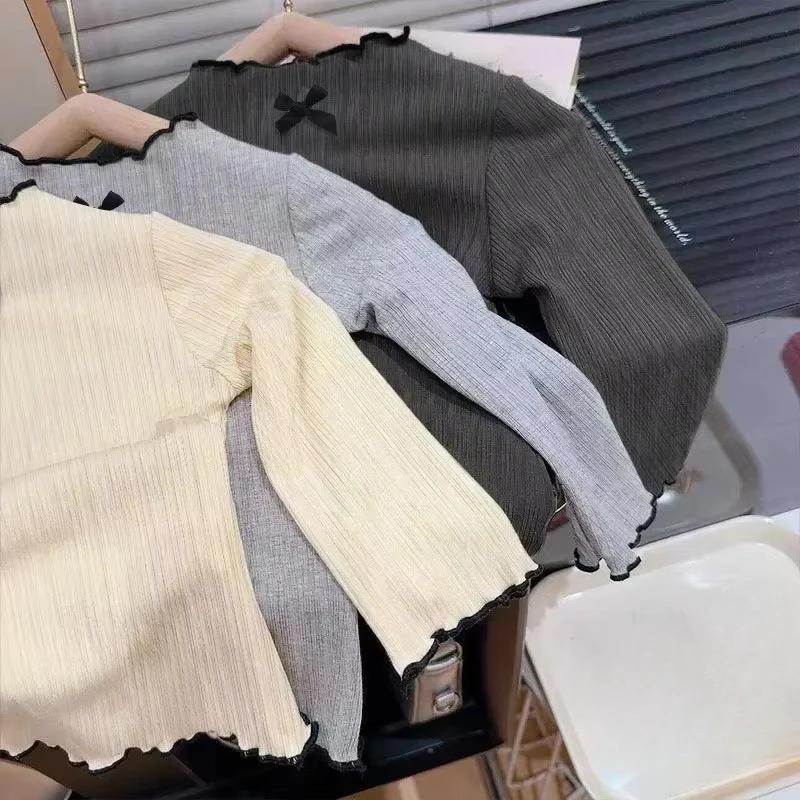 6M-8Y الفتيات تي شيرت بأكمام طويلة الأطفال تكدرت حافة القوس محبوك القمم 2025 الخريف جديد تنوعا قاعدة قميص للطفل الفتيات #2