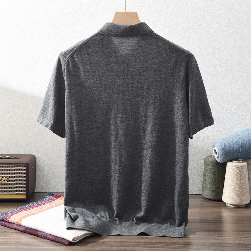 High quality 100% pure spun cashmere men's T-shirt casual solid color knitted pullover short sleeved POLO Neck Tees basic Tops