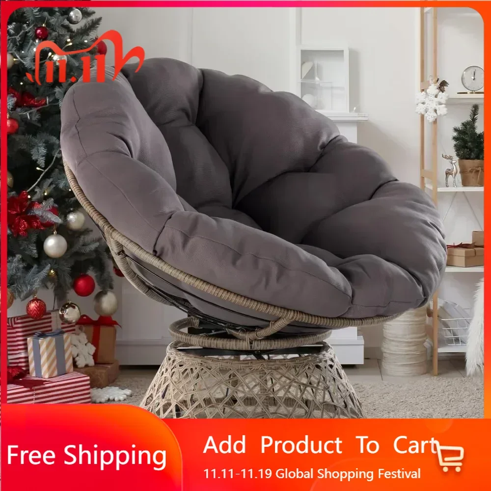 Ergonomic Wicker Papasan Chair with Soft Thick Density Fabric Cushion, High Capacity Steel Frame, 360 Degree Swivel, Room Chairs