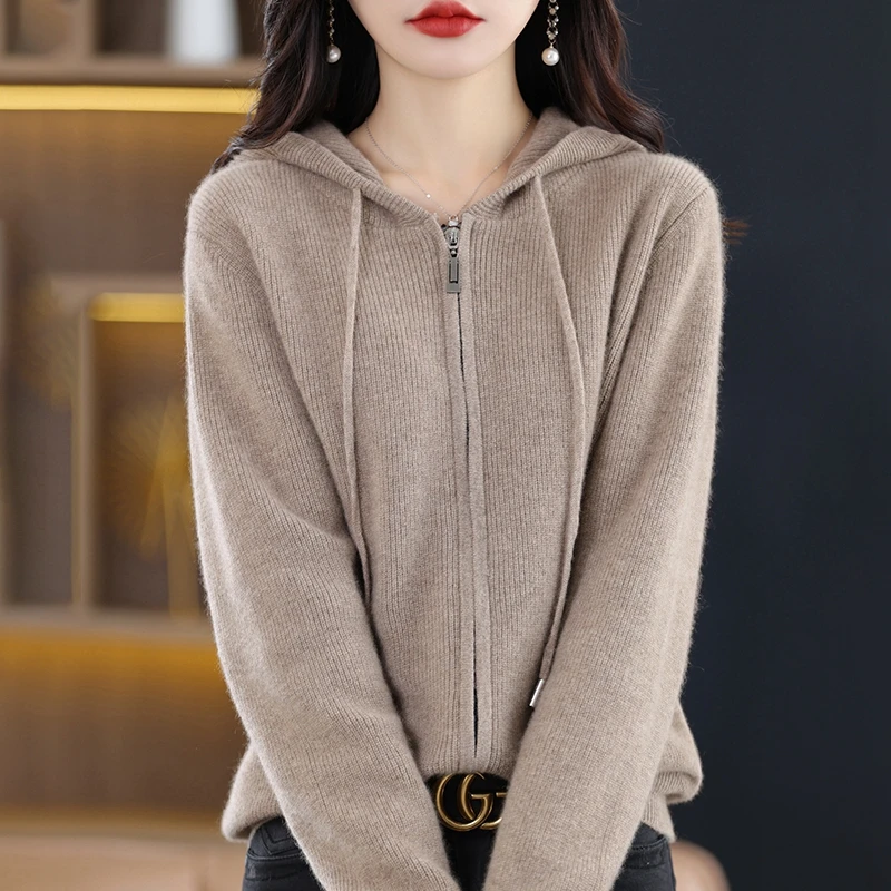 YSC New models Women Knitted Cashmere wool blend Hooded collar Cardigan Zipper decoration Long sleeved High-quality Cardigan