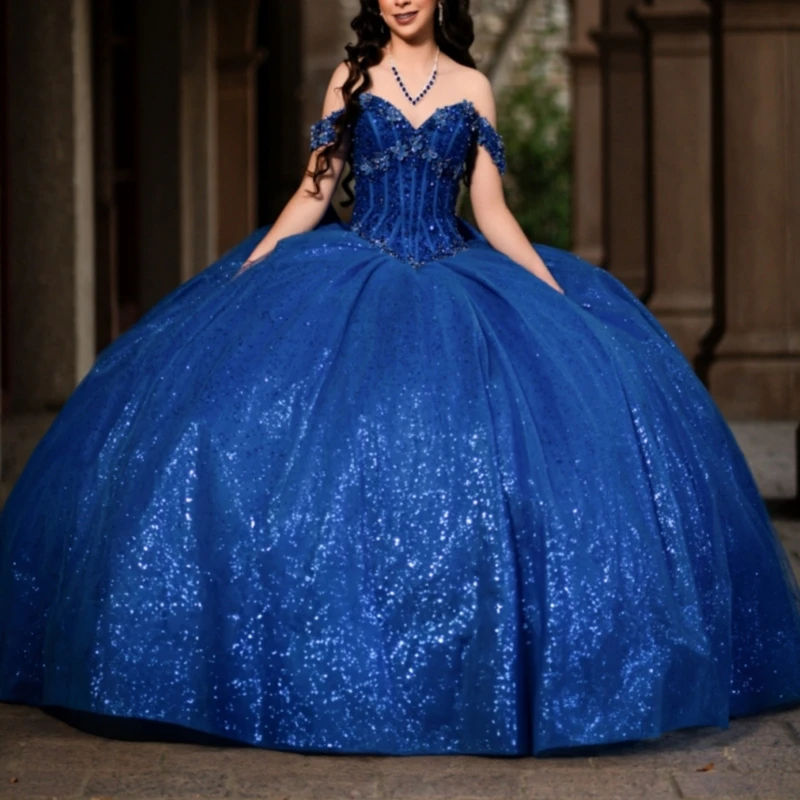 

Royal Blue Shiny Quinceanera Dresses Off The Shoulder Beading Crystal Bow Corset Party Birthday Sweet 16 Dress Vestidos 15 De