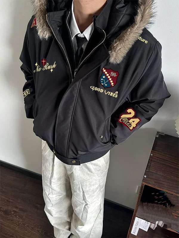 

Зимняя американская куртка с вышивкой «Горный орёл», хлопковая, мужская/парная, свободного кроя, с большим меховым воротником, в стиле бейсбольной/пилотской куртки, верхняя одежда