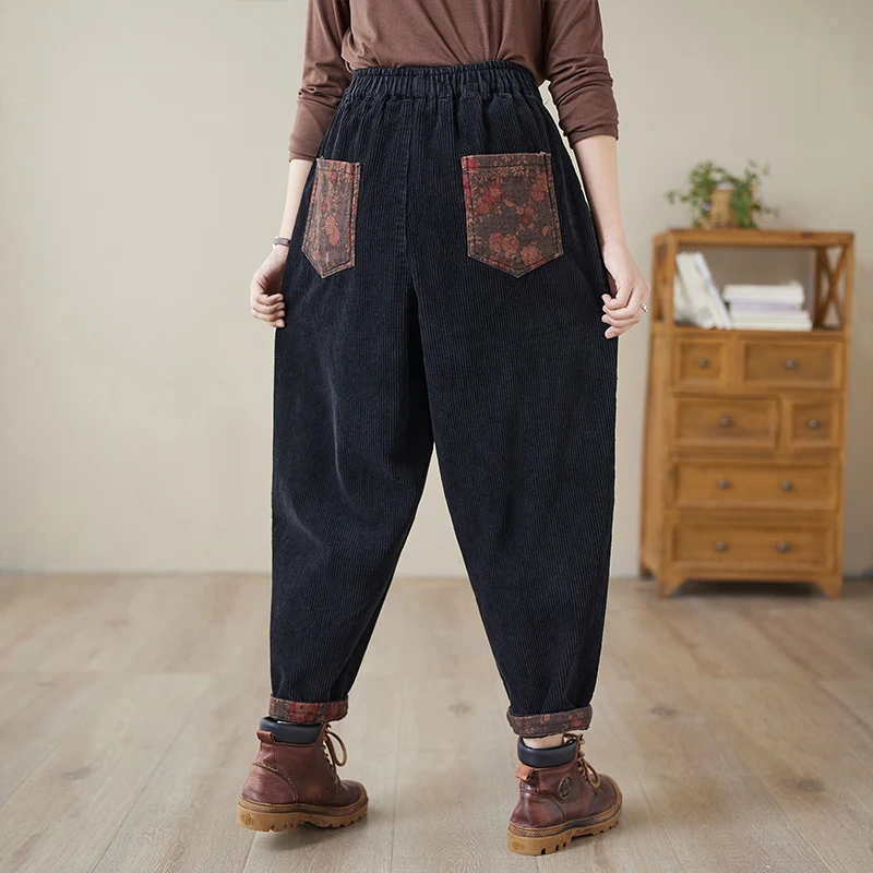 2023 New Arrival Spring Autumn Women Ankle-length Pants Casual Loose Cotton Corduroy Elastic Waist Patchwork Harem Pants V831