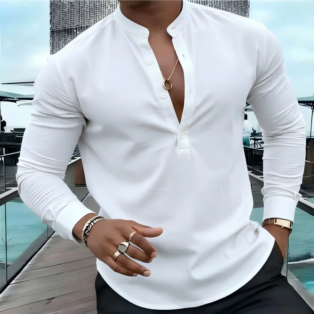 

New solid color men's long sleeved half open shirt, casual and comfortable, fashionable and trendy, street outdoor, soft fabric