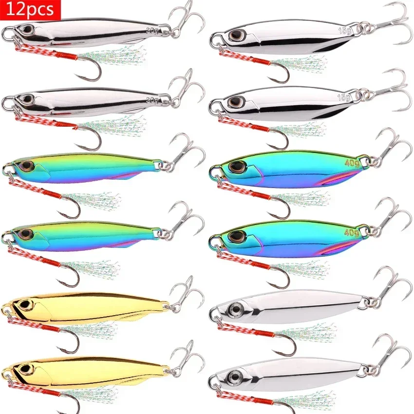 12Pcs Electroplated Fishing Bait Spoon Metal Jigs Lures 40g 30g 20g 15g Silver Colourful Gold Fishing Lure Baits Mackerel Bass