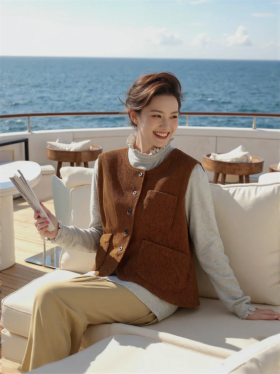 

Women'S Vests Oversized Woman Brown Loose Fit Autumn Thick Gothic Punk Sleeveless Black Buttons Casual Trendy Dark Fashion Adult