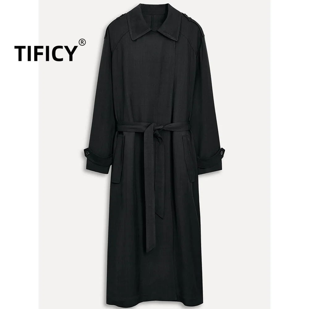 

Autumn Long Coats New Women's Clothing Waist Cinching Slimming Single Breasted Lapel Long Sleeved Loose Windbreaker Trench