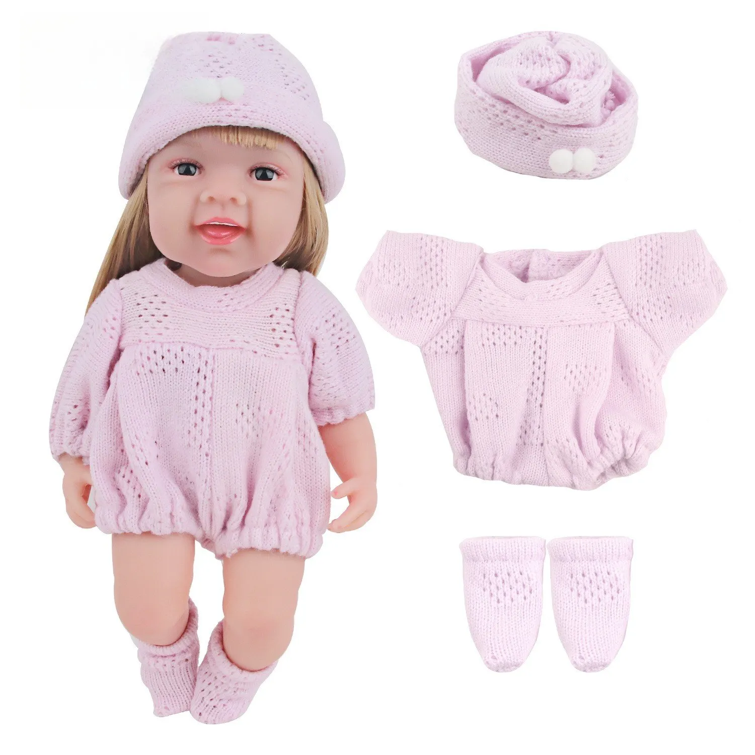 

12-дюймовое кукольное платье возрождения, розовый вязаный комбинезон, вязаная шапка, носки, аксессуары для кукол