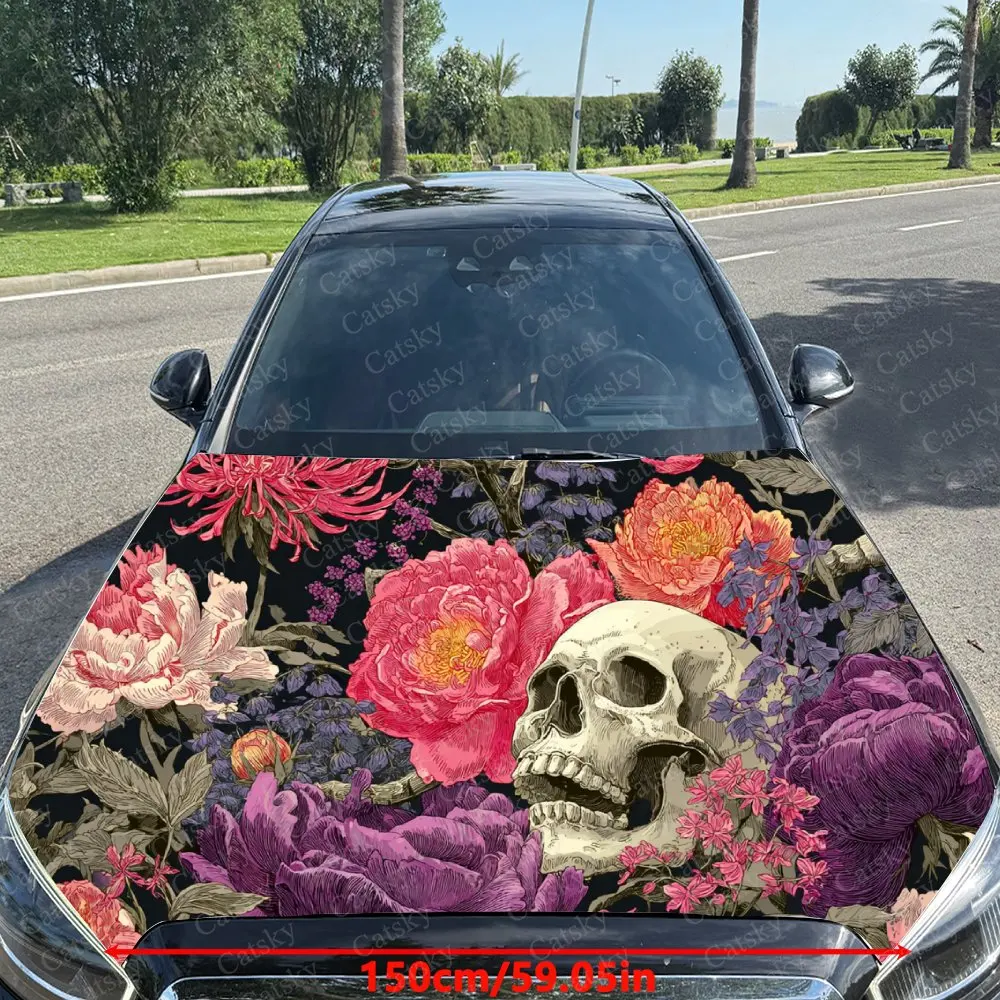 Car Decal Gothic Culture-Inspired Combination of Skeleton and Vibrant Multicolored Floral Elements Car Hood Sticker, Waterproof