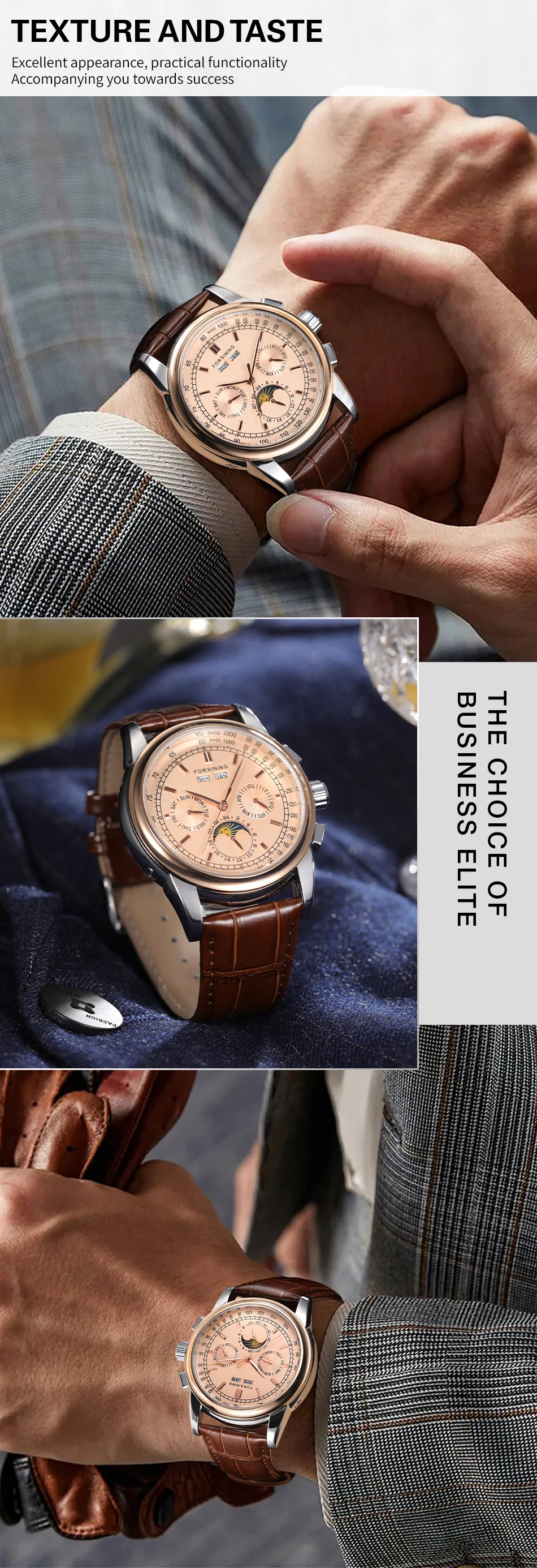 Forsining Retro Mechancial Uhren Mondphase Shanghai Uhrwerk Roségoldgehäuse Braunes Lederarmband Luxuriöse automatische Herrenuhr – Detail 6