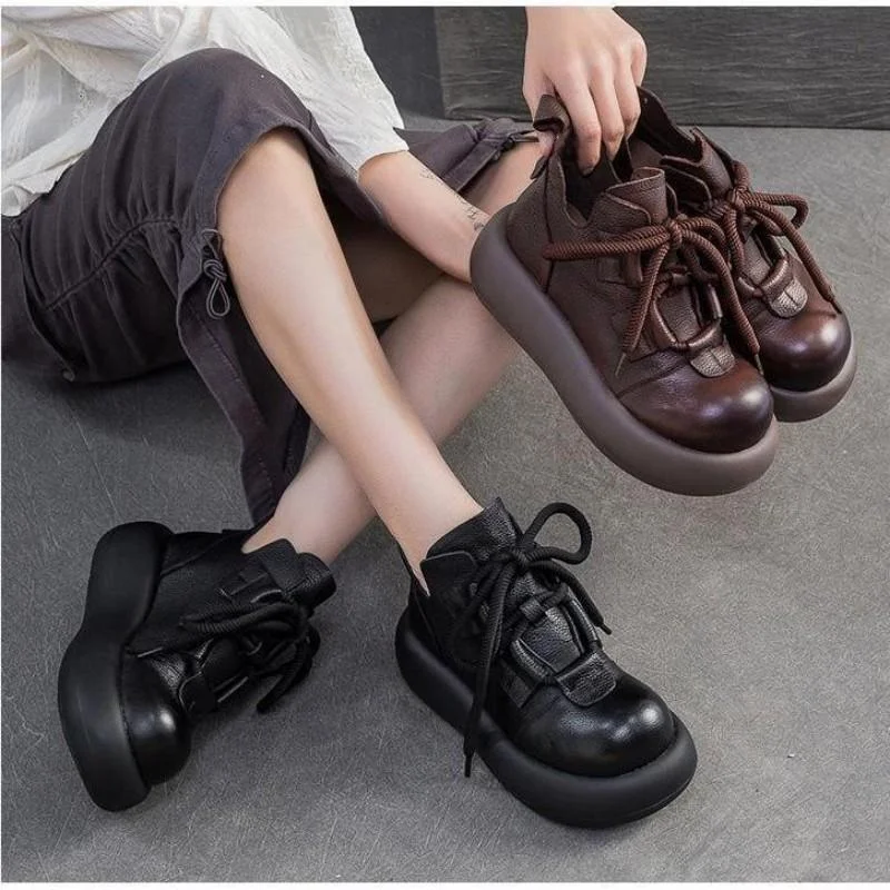 

Женская обувь из натуральной кожи 6,5 см, осенняя модная удобная обувь на танкетке, лоферы в стиле ретро, туфли-лодочки на плоской подошве, уличные прогулочные кроссовки