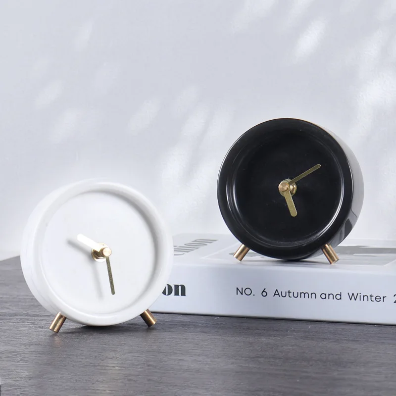 Simple natural marble stone circular hour clock bottom metal micro bracket living room bedroom tabletop silent clock ornament