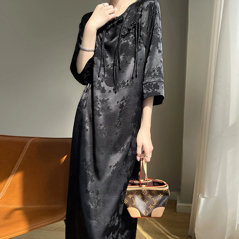 Women New Chinese Grace Round Neck Long Sleeves Button Loose Cheongsam Dress