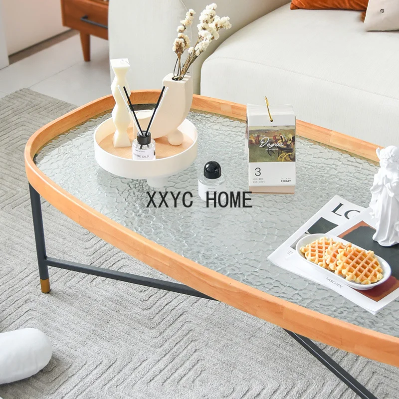 zq Minimalist Solid Wood Coffee Tables Living Room Transparent Round Coffee Table Embossed Glass Low Table Living Room Furniture