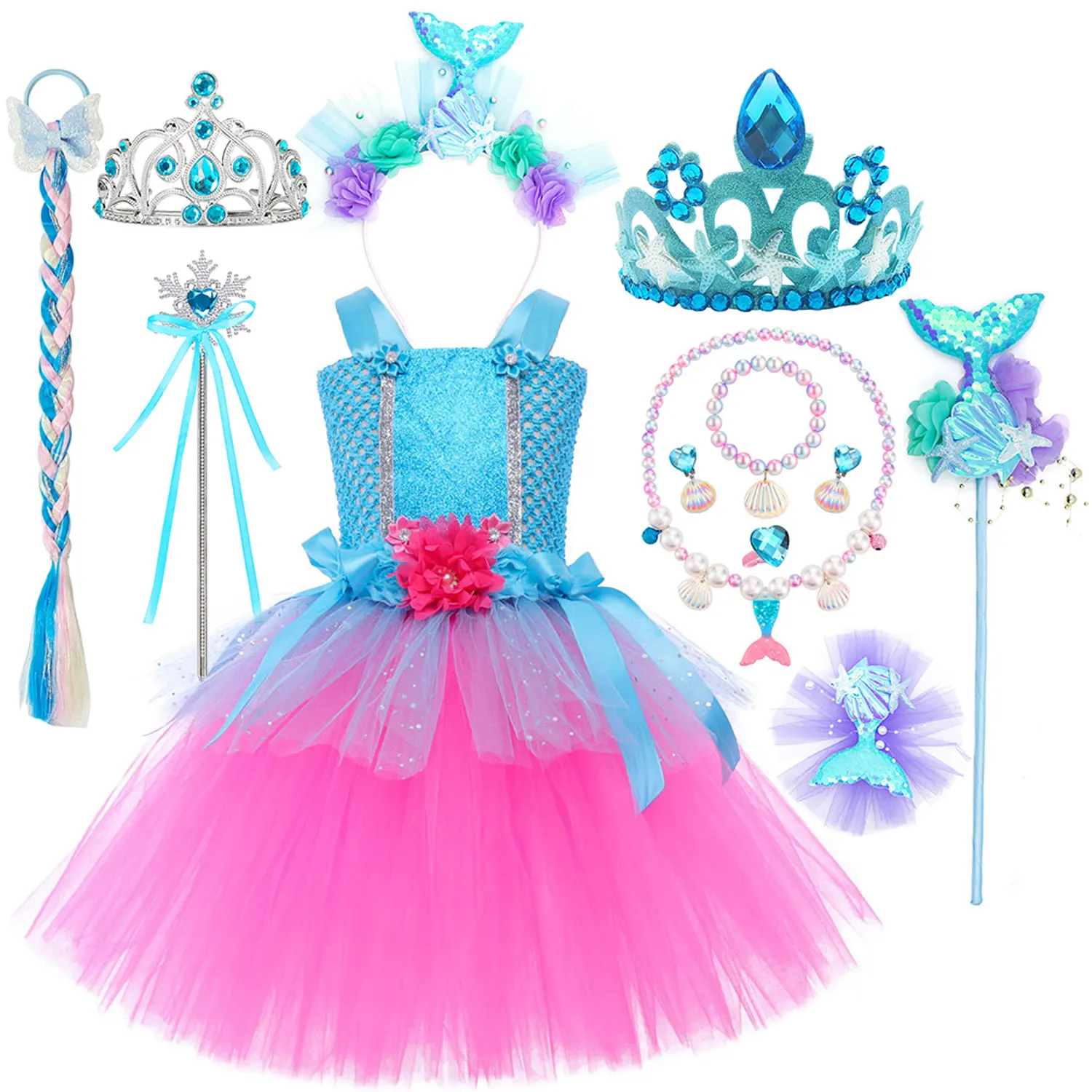 Halloween Cosplay Blue Pink Flower Princess Tutu Costume Fairy Carnival Birthday Party Fancy Dress Up Pretend Play Kids Outfit