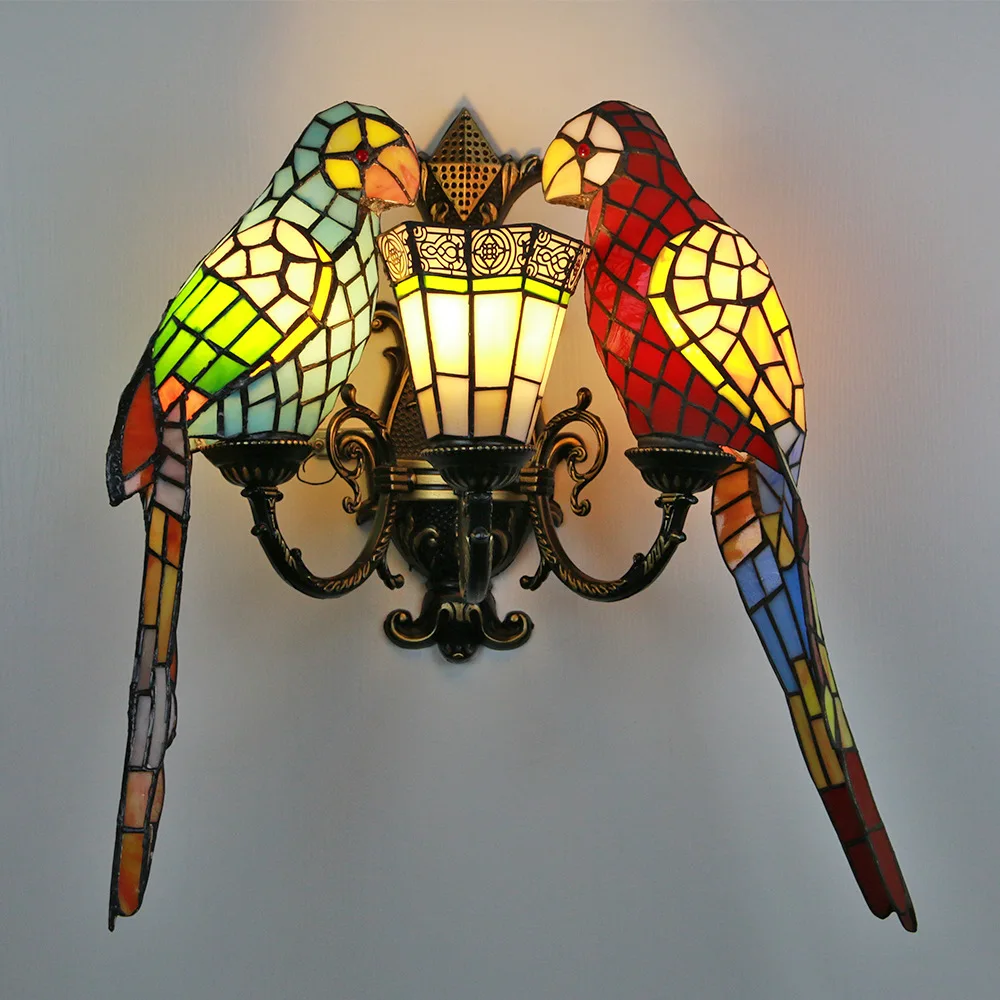 Lightslighting Pastoral Style Double Headed Parrot Handmade Stained Glass 2light Wall Lamp Suitable for Bedroom Living Room