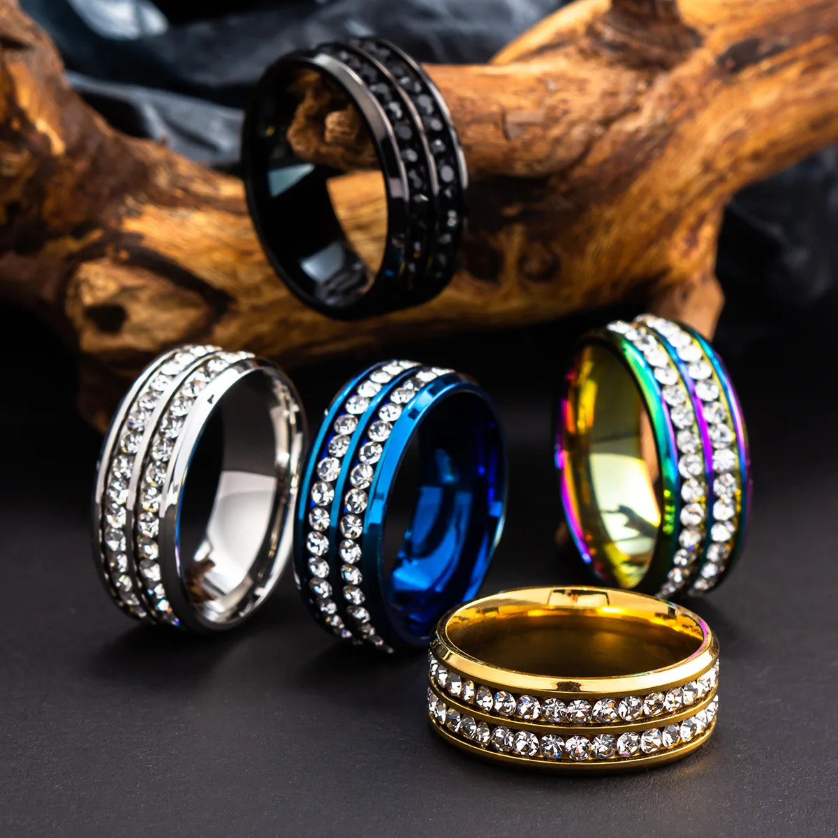 Luxury Double Rowed Square Zircon Stainless Steel Ring Women Men Romantic Engagement Wedding Party Jewelry Women Gift Wholesale