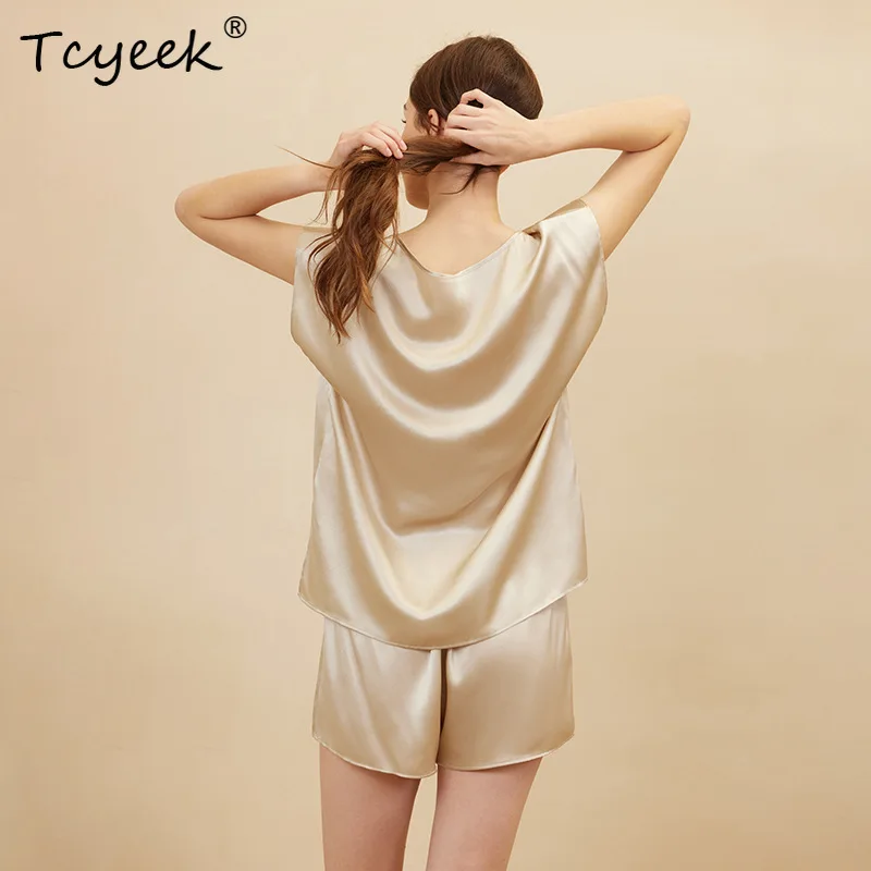 

Tcyeek 19MM 100%Real Silk Pajamas Set for Women, Sleeveless Top Shorts, Skin Friendly Home Clothes, 2024 Summer New, S435127QM
