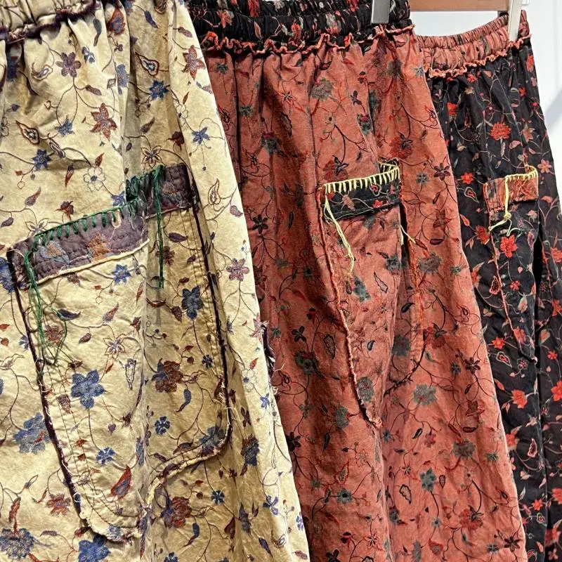 Original Design Vintage Jacquard Loose Ankle-length Pants Spring Arts Style Women Elastic Waist Floral Harem Pants Good Quality