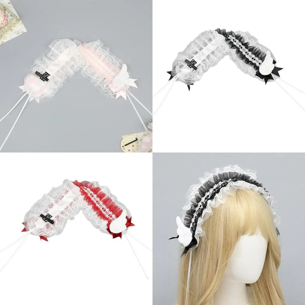 

652F Womens Gothic Bows Lace Hairband Flouncing Maid Hair Ornaments Photo Props