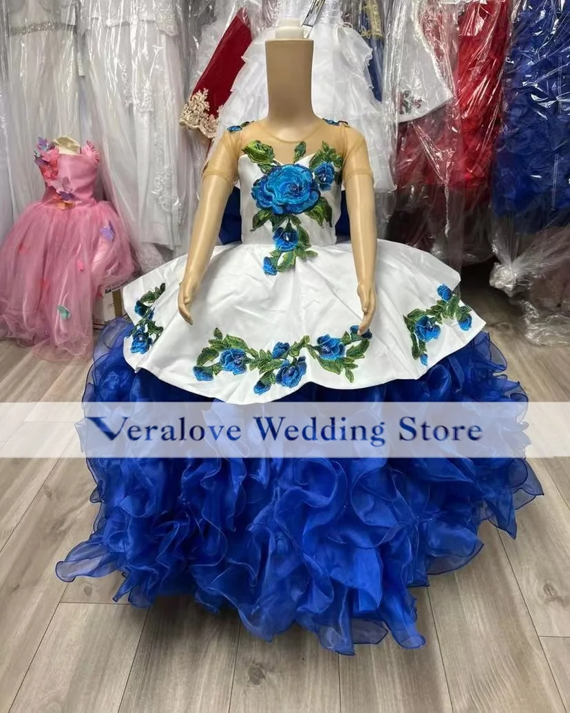 Blue Baby Ball Gown Embroidery Children Princess Dress Removable Train Mini Pageant Birthday Party Dress Girl Flower Gowns