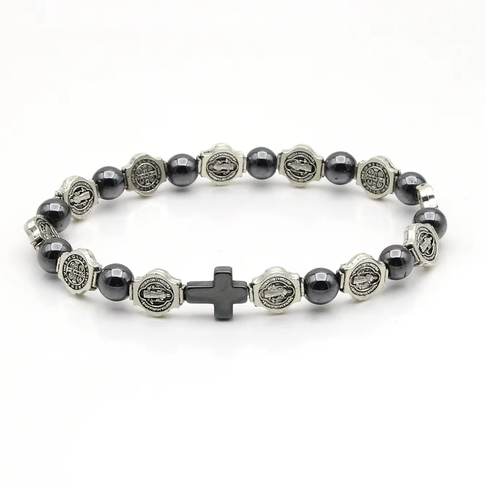 Modisches Katholisches Rosenkranz-Armband St. Benedikt Medaille Kreuz Gebetsarmband Hämatit-Perlen Religiöser Schmuck Accessoires – Detail 2
