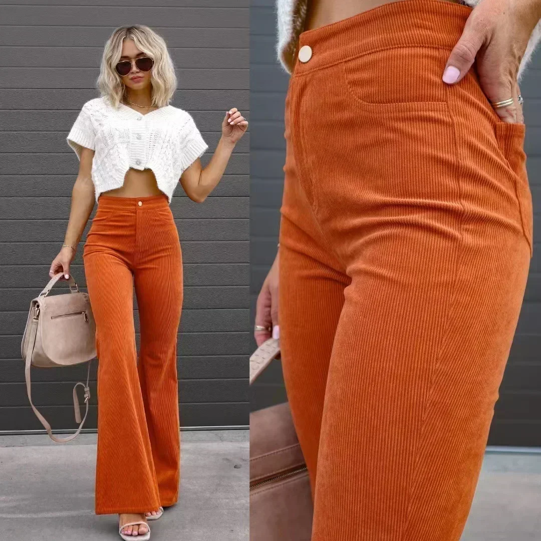 Women Pants Elegant Corduroy Autumn Winter Fashion Slim Casual Female New Solid Mid-waist Street Long Flare Clothing Lugentolo