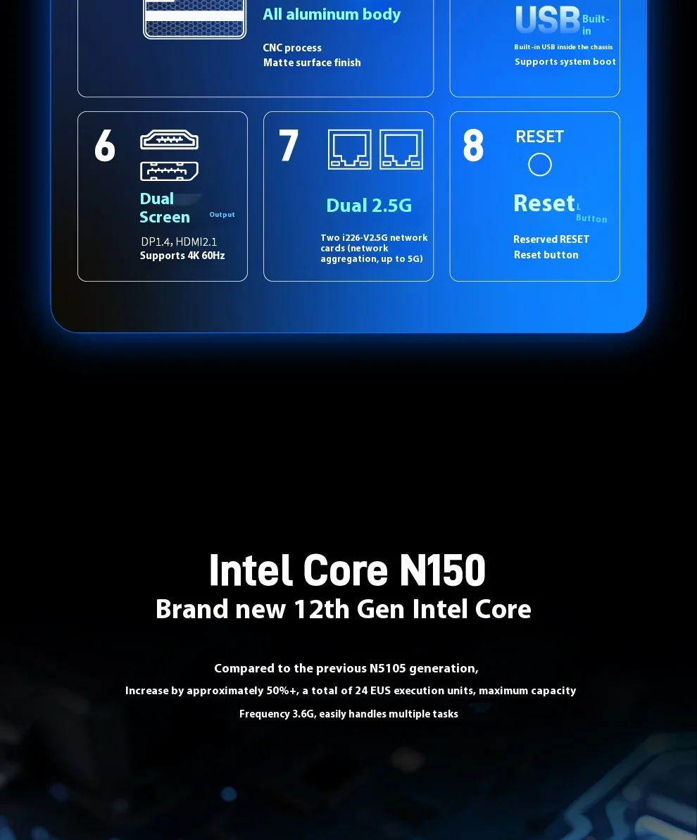 MAIYUNDA M1S Intel N150 Mini PC NAS Server DDR5 4800 4×M.2 NVMe Dual Intel i226-V 2.5GbE Mini PC Home Server No WiFi No BT