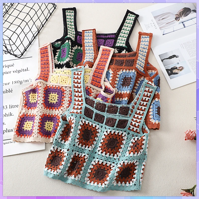 

Винтажный кроп-Топ для женщин, женский летний пляжный топ ручной работы, вязаный крючком, без рукавов, богемный трикотажный топ, женская одежда