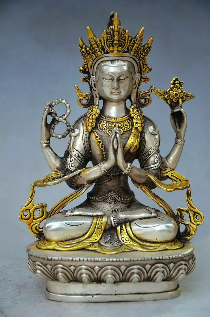 EXQUISITE CHINESE Tibet SILVER GILT HANDWORK CARVED TIBETAN BUDDHISM STATUE RT