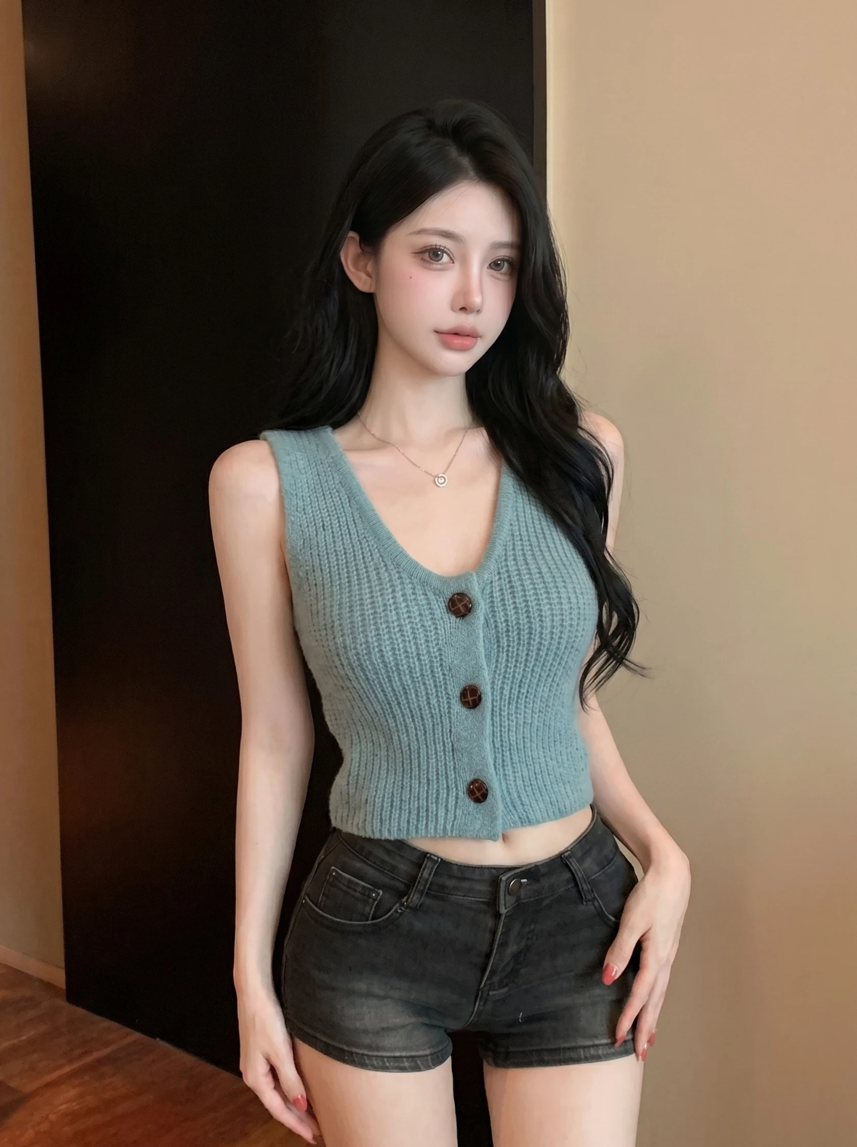 

Summer New Style Short Knitted Vest Cardigan Women's Self-Preserved Milk Blue Single Button Casual Fashion Silk Top
