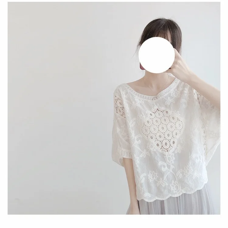 Women's Summer New Top Solid Sexy Round Neck Hollow Lace Short Sleeve Shirt Fashion Splice Plus Size Blouse Loose Tops Z122 view 6