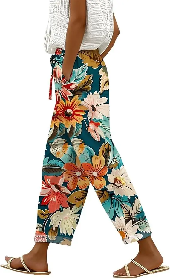 

Summer Linen Pants for Women Wide Leg Boho Pants Loose Palazzo Pants Floral Pants with Drawstring and Pockets