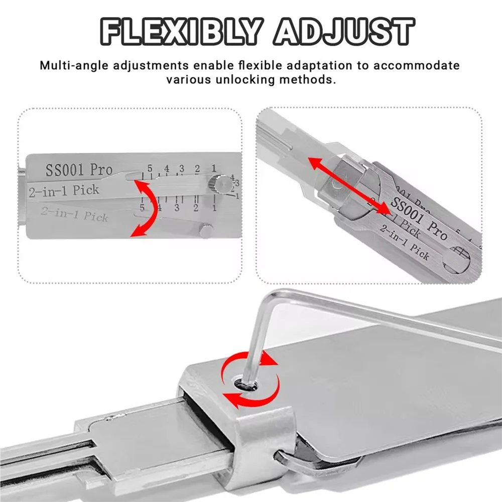Professional SS001Pro 2-in-1 Stainless Steel Key Decoder Portable Locksmith Tool with Precision Hook & O-Ring Pickup Repair Kit