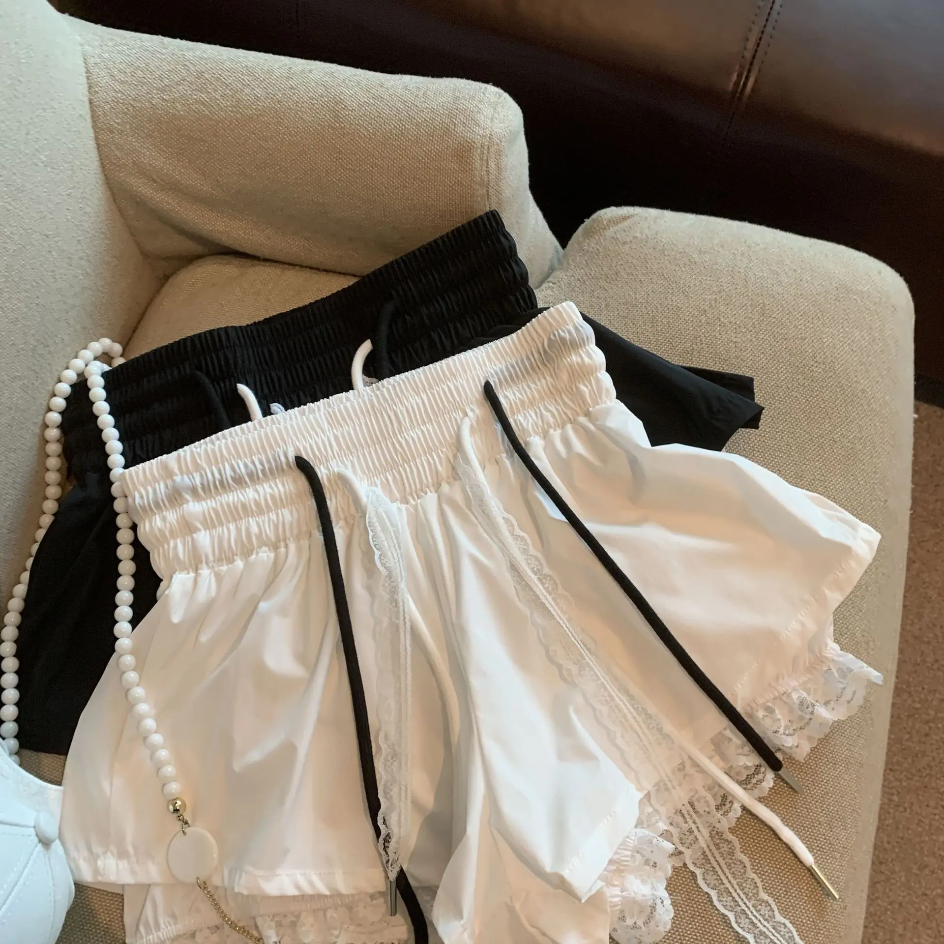 Chic Lace Splicing Casual Shorts Women Summer Korean Style Drawstring Lace Up High Waist Shorts Versatile Fashion A-Line Shorts